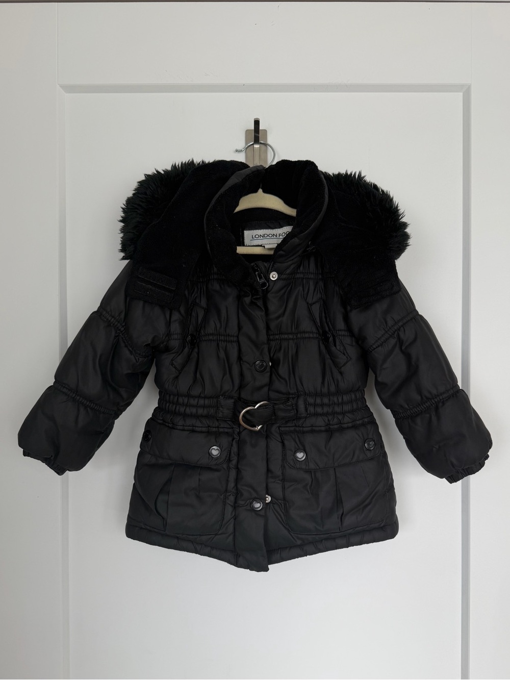 London Fog Girls' Black Hooded Puffer Coat with Faux Fur 3T